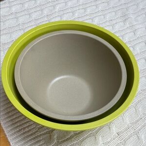 Two Pampered Chef Bamboo Fiber Mixing/Nesting Bowls - Lime Green & Light Taupe.